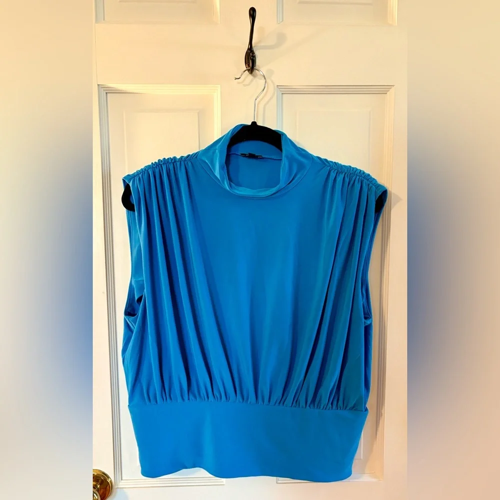 Express Crop Mockneck Pleated Blue Sleeveless Top - Picture 1 of 1